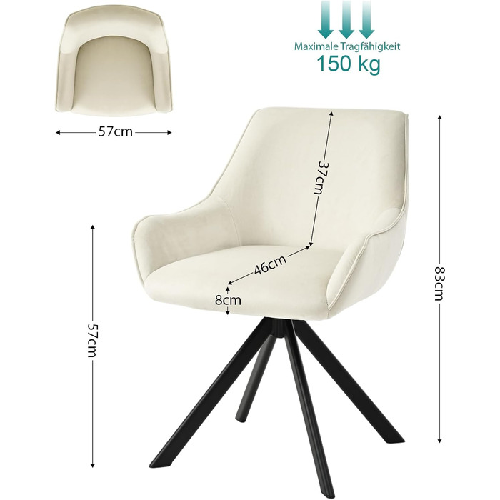 Обідні стільці поворотні, комплект 6 шт. з підлокітниками, 360° - м'які стільці з тканини льон, сучасний дизайн, металевий каркас, для кухні, вітальні, офісу, бежевий