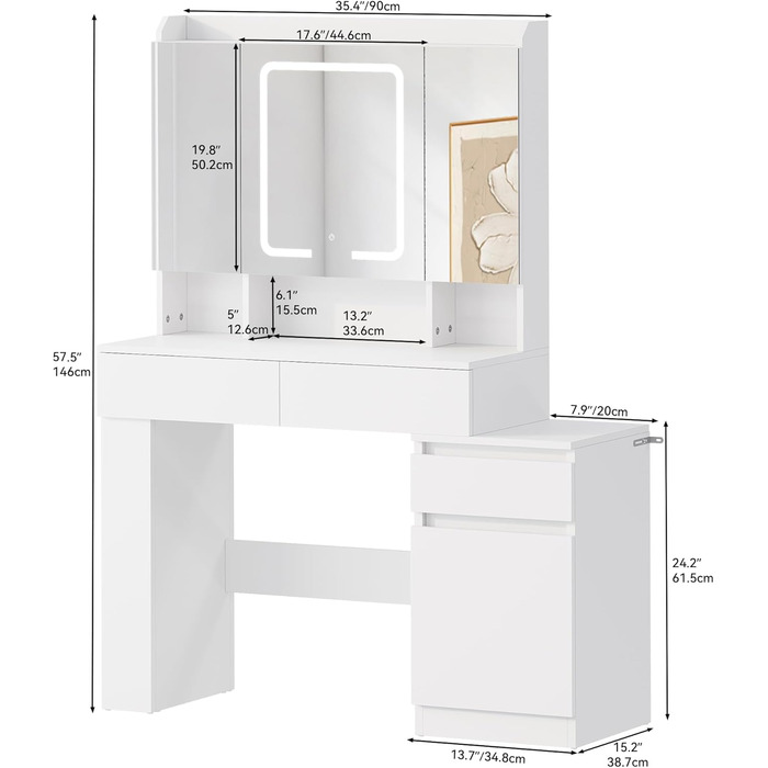 Туалетний столик YITAHOME з підсвіткою та дзеркалом, 4 шухляди, відкриті полиці, чорний (білий)