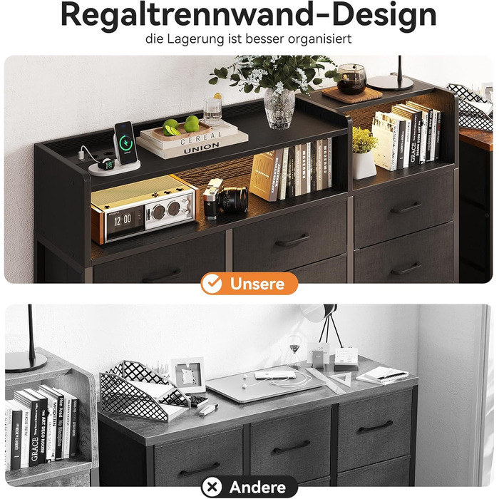 Комод ODK з шухлядами, 2 розетки, 2 USB, 10 LED-смужок, полиця, стільниця, 9 тканинних шухляд, чорний колір, 130x30x97 см