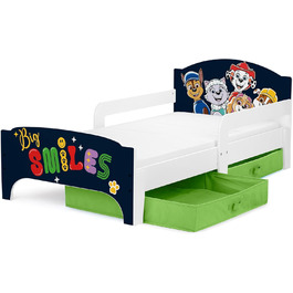 Ліжко дитяче Leomark Paw Patrol Smart - дерев'яне односпальне ліжко 70x140 см з текстильними ящиками, білий/рожевий колір, з принтом Paw Patrol