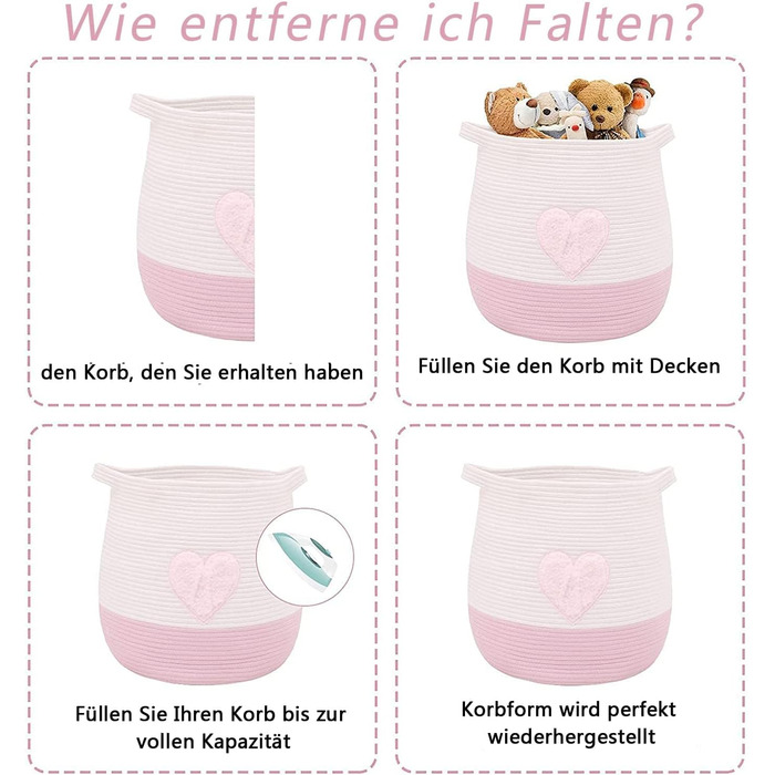 Великий кошик з бавовняного шнура, плетений кошик для іграшок, білизни та ковдр, організатор, круглий кошик для подарунків з ручками для дитячої кімнати, 45x43 см, Рожевий