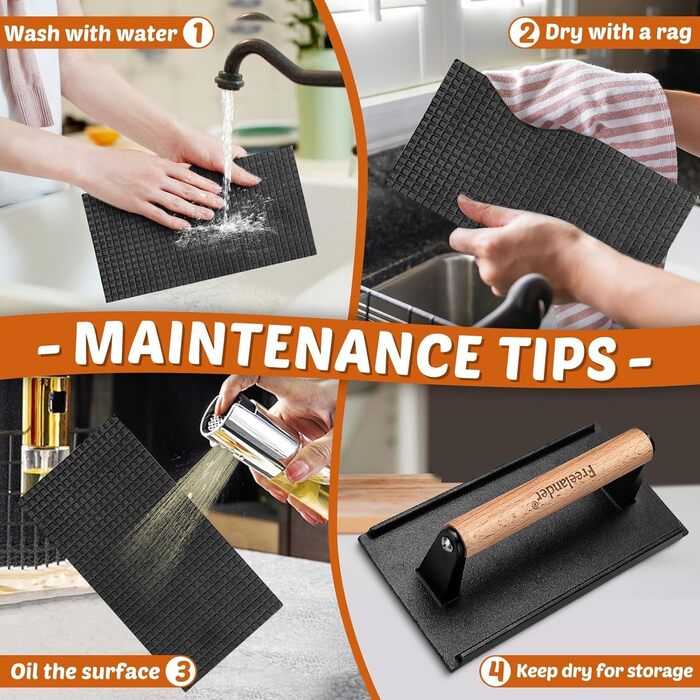 Пресс для бургерів Freelander з чавуну, набір для розчавлювання бургерів (Ø 17.6 см, 20.5 см), прес для гриля з термостійкою ручкою, великий бургерний прес для BBQ, стейків, сендвічів (чорний, прямокутний)