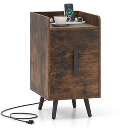 Нічний столик COSTWAY з зарядкою, вузький, 2 шухляди, металеві ніжки, для спальні/вітальні, 40 x 32 x 60 см, рустикальний коричневий