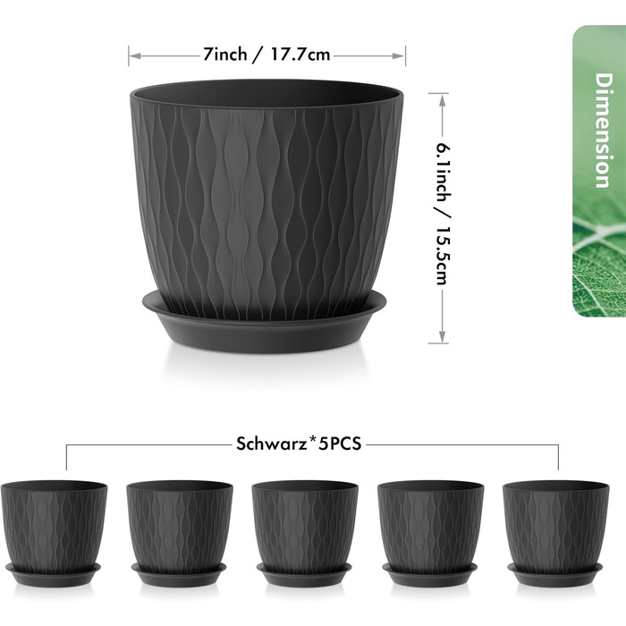 Набір горщиків для квітів з системою поливу, 17.8 см, 5 шт., з підставкою, для дому та балкону, чорний