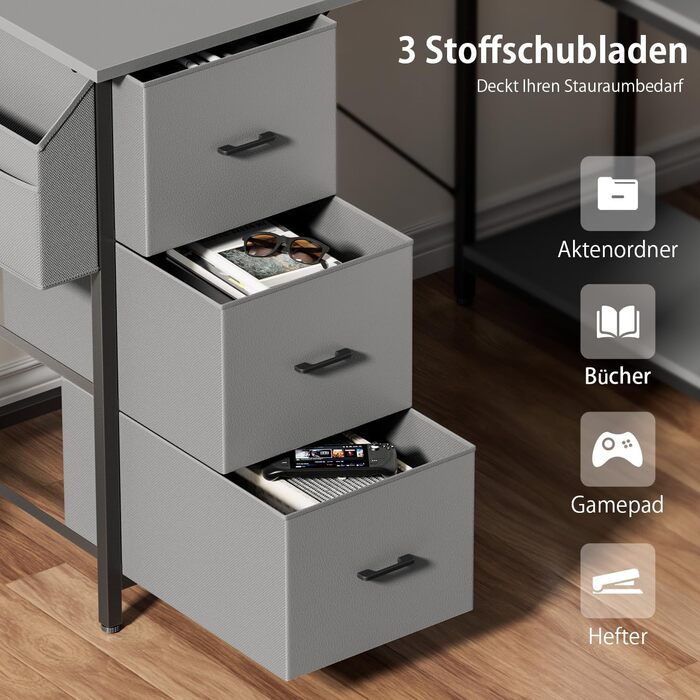 Комп'ютерний стіл HLONONE L-подібний з 3 ящиками для тканини, з полицями та бічною кишеню, для офісу, геймінгу та дому, білий (120 x 80 см, сірий)