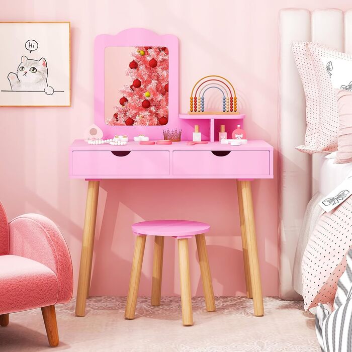 Детский туалетний столик COSTWAY 2-в-1 зі стільчиком та дзеркалом, з шухлядами, для дівчаток 3-7 років (Рожевий, без підсвічування)