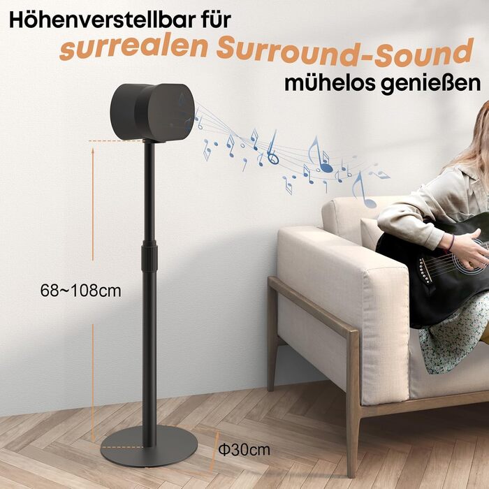 Підставка для колонок Sonos Era 100 та 300, регульована висота (68,2-106,8 см), з інтегрованим кабельним менеджментом, стабільна металева конструкція (5 кг вантажопідйомність), 1 пара (2 шт), чорний