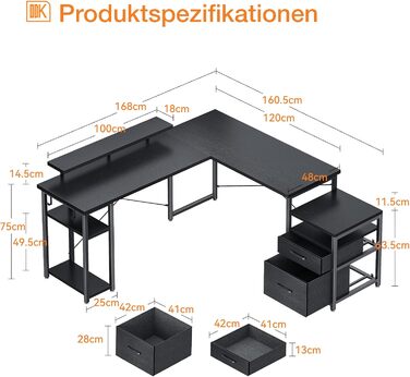 Кутовий стіл ODK 168160 см, чорний, з полицею та шафою для зберігання, Г-подібна форма з полицею для монітора, для домашнього офісу 168160,5 см