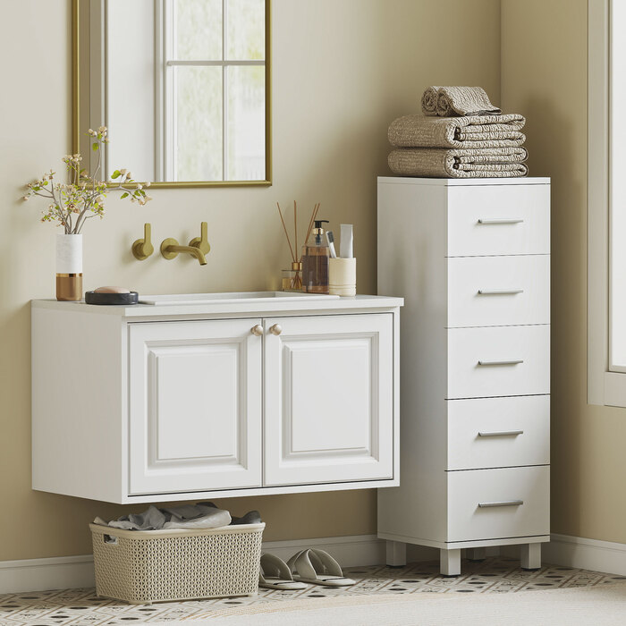 Тумбочка для ванної кімнати: Вузька шафка з 5 висувними ящиками для ванної кімнати, розміром 30 x 30 x 95 см, білого кольору.