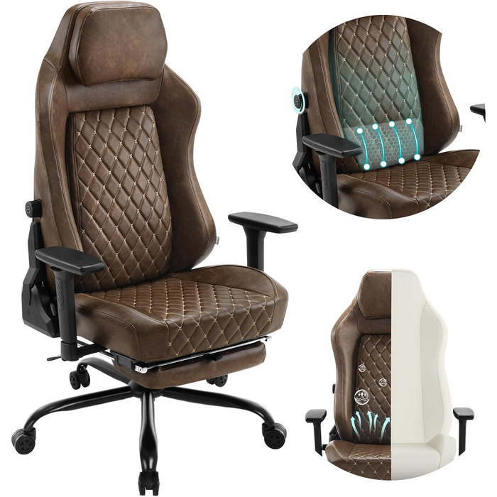 Крісло ігрове WOLTU, офісне ергономічне, з інтегрованим губчастим наповнювачем, підтримкою попереку, підставкою для ніг та підлокітниками, вінтажне, з штучної шкіри та металевим каркасом, коричневе