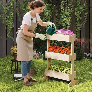 Вертикальна грядка COSTWAY з 3 ярусами, 6 контейнерами для квітів, дерев'яний ящик для тераси, балкона, саду 126x90x115 см (натуральне дерево)