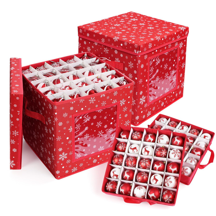 Коробка для зберігання новорічних прикрас з 166 відділеннями, 31x31x30 см, червона, з сніжинками
