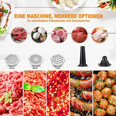 Електрична м'ясоподрібнювач Fleischwolf, мультифункціональна модель з трьома насадками для нарізки, з насадкою для ковбас та для випікання, 3 сталеві диски, чорний