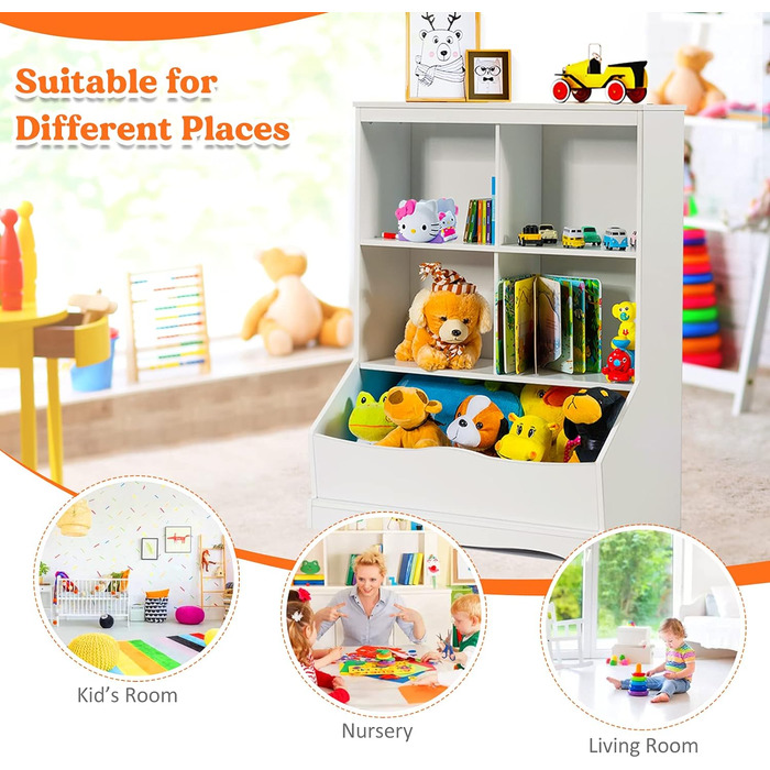 Полиця для дитячих іграшок GOPLUS, дерев'яна шафа для іграшок з 6 відкритими відділеннями та хвилястим дном, полиця для зберігання книг та іграшок, для дитячих кімнат, дитячого садка та вітальні, біла