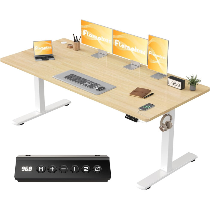 Електричний стіл Flamaker з регулюванням висоти, 160 x 60 см, з пам'яттю, для геймінгу, USB-зарядка (Бежевий)