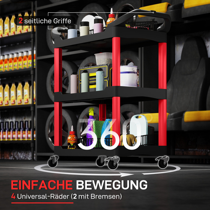 Ящик для інструментів з 3 рівнями, бічні ручки, колеса, пластик, червоний