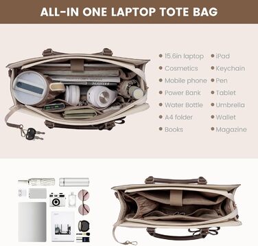 Сумка LOVEVOOK для жінок, 15.6 дюймів, лаптоп-сумка, робоча сумка, елегантна, універсальна, шкіряна, для школи, офісу, ділових поїздок (15.6 дюймів, хакі-беж)