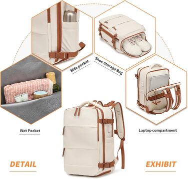 Рюкзак KONO для ручної поклажі 42x30x20, 25L, для ноутбука, Outdoor, для подорожей, спортивний, Weekender, з відділенням для взуття, 42.0 x 30.0 x 20.0 см, Бежевий та Коричневий