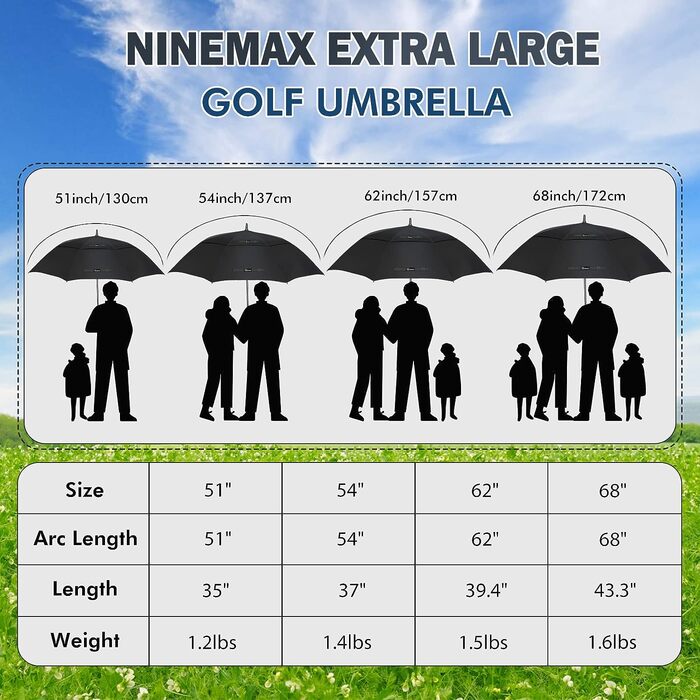 Велика штормостійкість парасольки для гольфу NINEMAX - парасолька 51/54/62/68 дюймів - парасолька для гольфу з двошаровою парасольковою тканиною