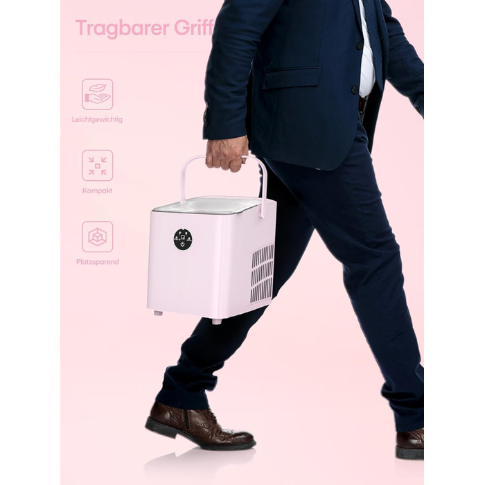 Льодогенератор Fohere 14 кг/24 год, рожевий: швидке виробництво льоду (5 хв), 2 розміри кулеподібного льоду, самоочищення, з ручкою та лопаткою для льоду