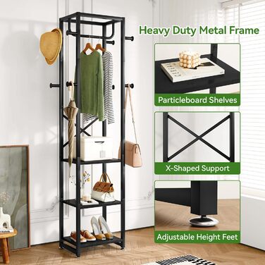 Підставка для одягу IBUYKE, вішалка для одягу з 3 полицями та 8 гачками, індустріальна вішалка для передпокою, коридору, спальні, природа та білий, TMJ088R, Природний та Білий (180 x 40 x 30 см, Чорний)