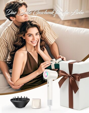 Іонний фен для волосся з дифузором, швидке сушіння 150 000 об/хв, 500 млн негативних іонів, 8 температурних режимів з LED-дисплеєм, для кучерявого та густого волосся, бежевий