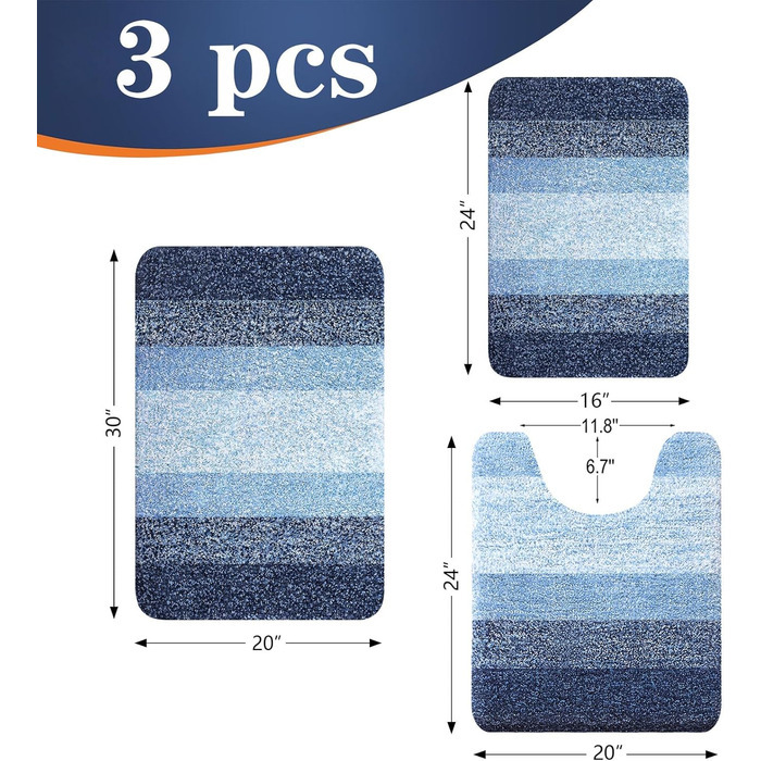 Набір килимків для ванної кімнати OLANLY: м'які, всмоктуючі, з мікрофібри, U-подібний килимок для туалету, пухнастий набір килимків для ванної кімнати (76,2 x 50,8 см + 61 x 40,6 см + 61 x 50,8 см), 3 шт.
