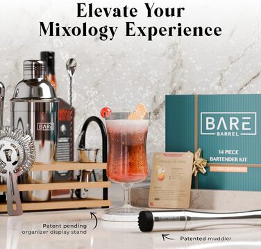 Набір шейкерів для коктейлів Boston BARE BARREL Pro Mixology з 14 предметів із підставкою та 35 картками рецептів