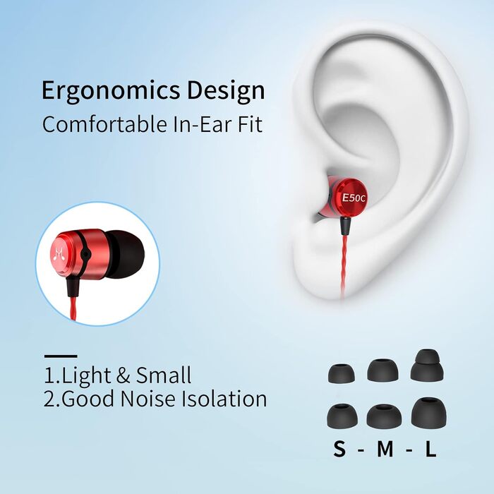 Навушники-вкладиші SoundMAGIC E50C, Hi-Fi стерео, 3,5 мм, червоний, дротовий з мікрофоном і 3-кнопковим пультом дистанційного керування