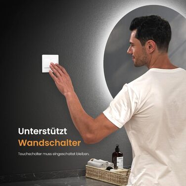 Дзеркало для ванної кімнати EMKE з підсвічуванням, діаметр 50 см, регульоване холодне біле світло, функція пам'яті, вимикач, IP44, енергозберігаюче, з підсвічуванням ззаду, дзеркало для ванної кімнати (3 кольори світла + проти запотівання, 80 x 80 см)