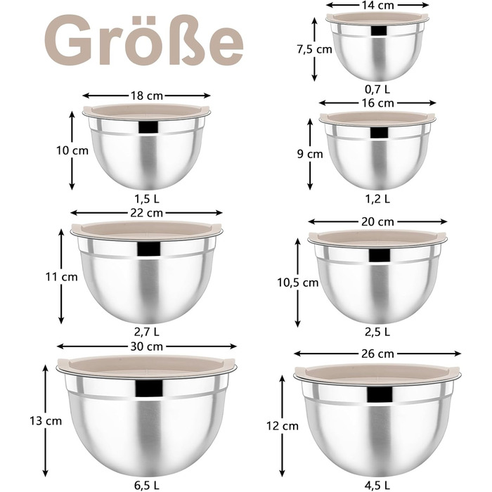 Набір місок Homikit з нержавіючої сталі, 6 штук, з кришкою, для приготування, випікання та сервірування, 6.5/4.5/2/2.5/1.5/1.2 л (Хакі, 7)
