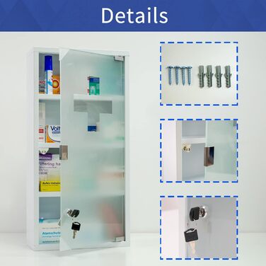 Шафка для ліків Style Home з приладною ручкою, 60x30x12 см, 4 відділення, металева, з дверцятами зі скла, з ключем (біла)