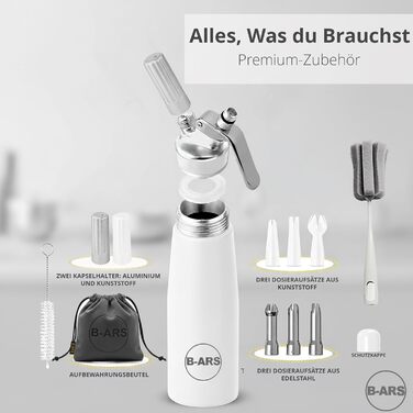 Кухонний сифон B-ARS з алюмінію, 500 мл, білий – аксесуар для холодних мусів та десертів, без системи тиску, з нержавіючою сталевою насадкою, придатний для миття в посудомийній машині