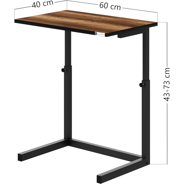 Столик для ноутбука furniChic, Столик-зошит для дивана, Журнальний столик, Журнальний столик регульований по висоті, Металевий каркас, 60x40x43-73см (ШxГxВ), Сертифікат E1 (горіхове бароко)