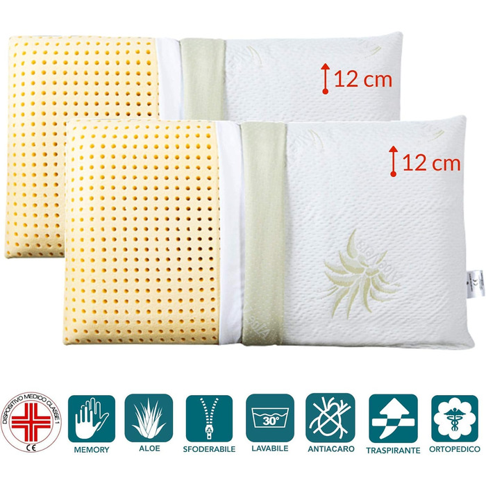 Ортопедичні подушки EVERGREENWEB 2 шт. з віскоеластичної піни 40x70x12 см з чохлом з алое вера. Виробництво Італія.