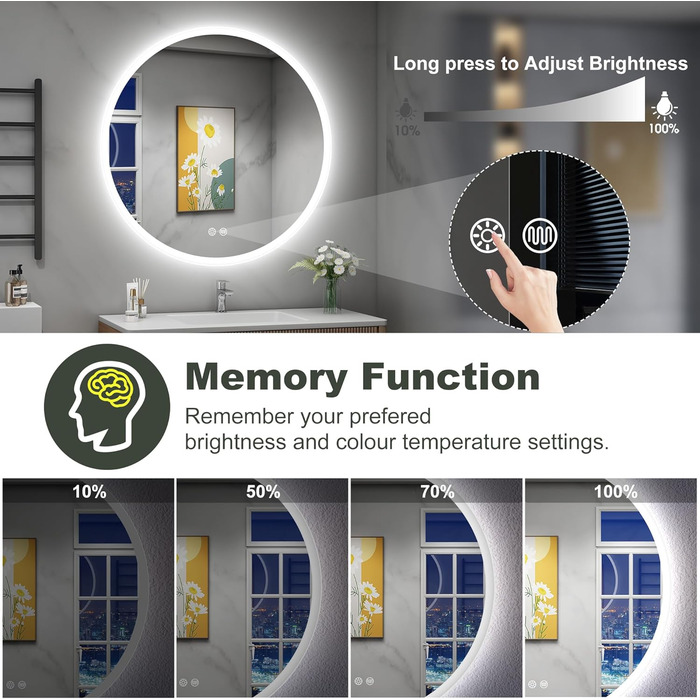 Дзеркало для ванної кімнати S'bagno Runder з підсвічуванням 60 см, антизапар, 3000K/4000K/6500K, регулювання яскравості, HD скло, функція пам'яті, IP44, 60x60 см