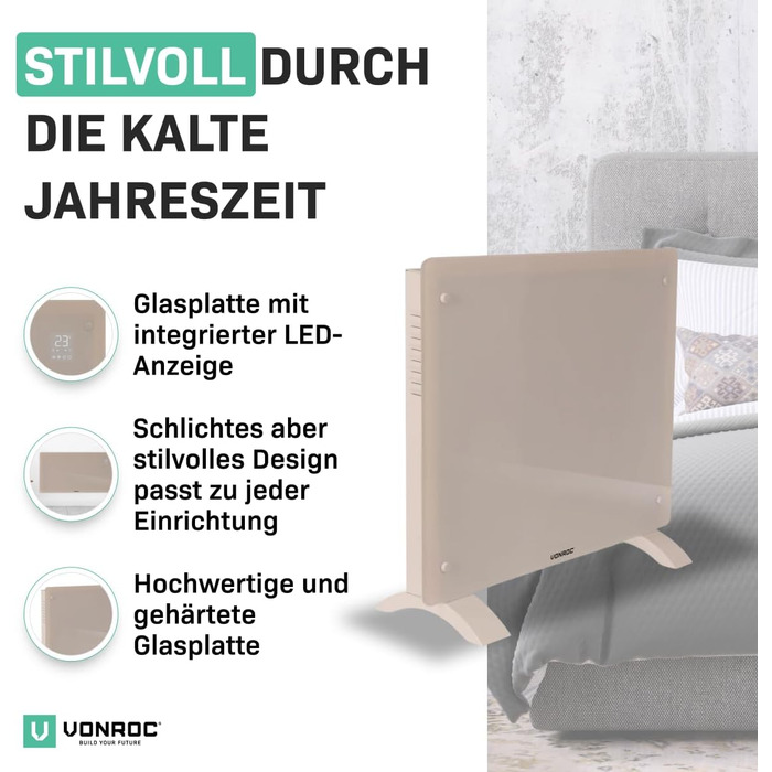 Електричний конвекторний обігрівач VONROC - 1000W, для кімнат до 24м², настінний/підлоговий монтаж, ручне/APP керування, білий