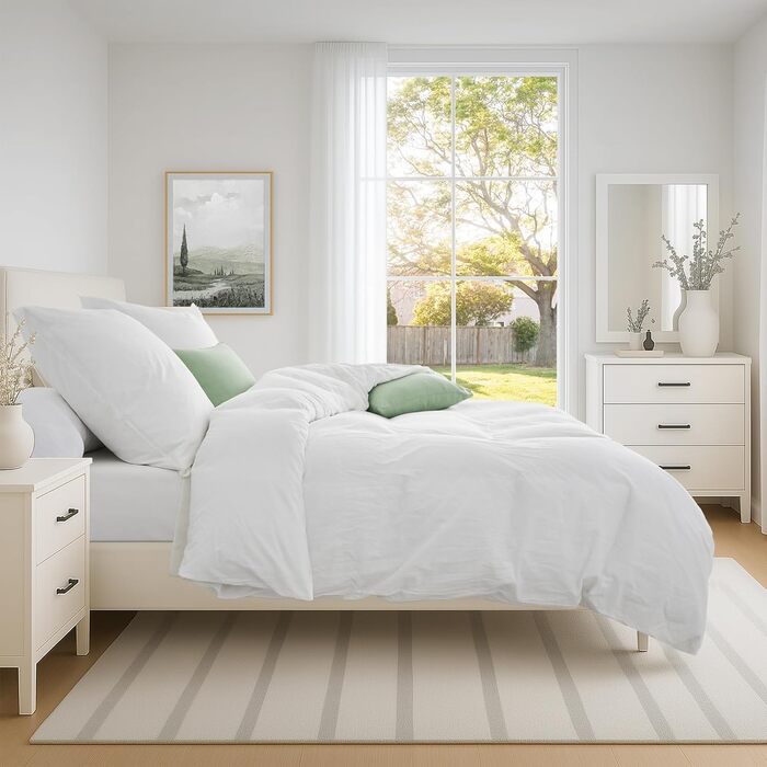 Бетліна 200x220 з бавовни бежевого кольору, супер м'яка, 100% предмита бавовна з льоноподібною структурою, сертифікат ÖKO-TEX. Комплект постільної білизни 200x220 з двома наволочками 80x80 з блискавкою (135x200 см, білий)