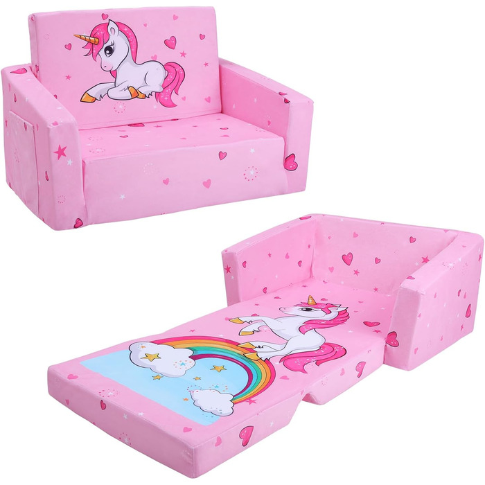 Дитяче крісло-софа 2 в 1 з кишенькою та неслизьким подушкою, розкладне, з єдинорогом для дитячої, вітальні, ігрової кімнати