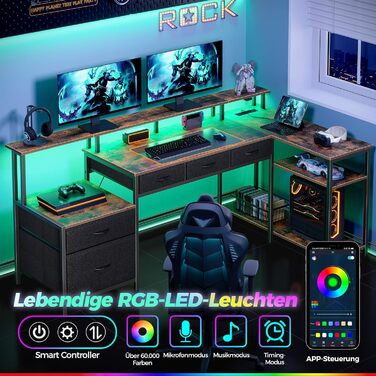 Кутовий стіл Seventable L-подібної форми з LED та підставкою для монітора, з висувними ящиками, білий (Вінтаж Браун)