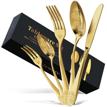 Набір столових приборів DRAGON RIOT Gold 30 предметів, нержавіюча сталь, для 6 осіб, з ножем, виделкою, ложкою. Підходить для дому, ресторану, вечірки.