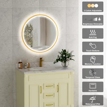 Дзеркало для ванної кімнати Furduzz з LED-підсвічуванням, 700 мм, сенсорне керування, диммування, 3 кольори, протизапотівання, пам'ять, золота рамка (60x60 см)