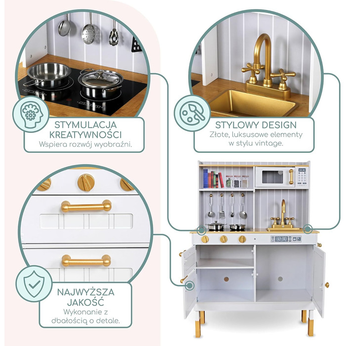 Дерев'яна дитяча кухня Mamabrum з LED-підсвічуванням - іграшковий кухонний набір з висотою, що регулюється, з приготуванням кубиків льоду, мікрохвильовою піччю, плитою та посудомийною машиною - іграшка для дітей від 3 років (Білий)