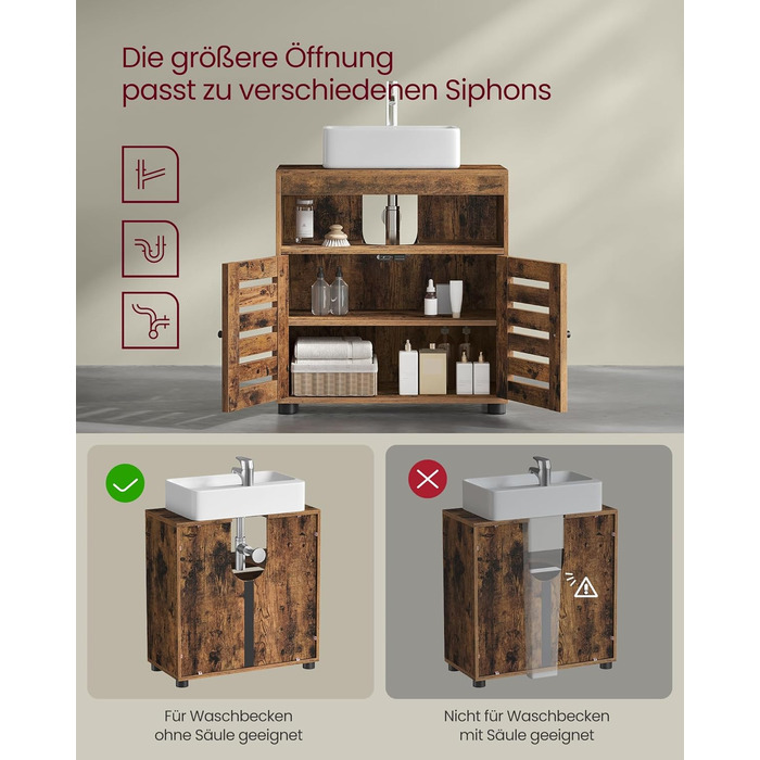 Підставка під раковину VASAGLE, шафка для ванної кімнати, 60 x 30 x 63 см, шафка для ванної, комод для зберігання з 2 дверцятами-решітками, з регульованою полицею, вінтажний коричневий BBK04BX