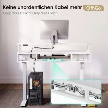 Регульований за висотою стіл OffiGo з 2 висувними ящиками та підставкою для клавіатури, 120 см. Електричний стіл з підставкою для монітора, RGB підсвічування та розетками, білий (120 x 54 см)