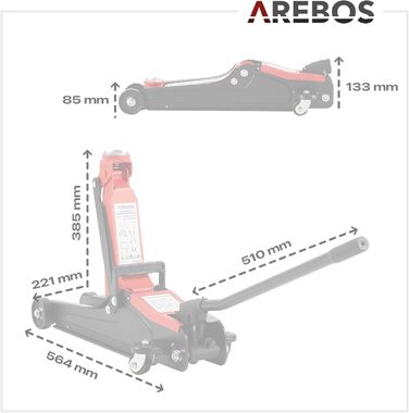 Гідравлічний підйомник Arebos 2T для авто: низькопрофільний, 85-385 мм + 4 гумові накладки