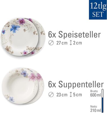 Кавовий сервіз Villeroy & Boch Mariefleur Gris Basic на 6 осіб (18 предметів), порцеляновий сервіз з квітами, преміум-якість