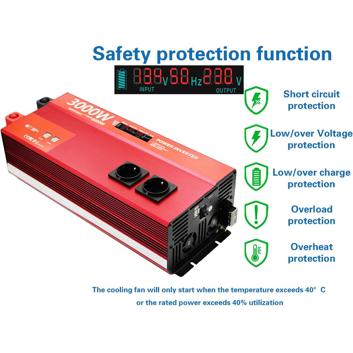 Модифікований синусоїдальний інвертор потужністю 3000 Вт 24 В, пікова потужність 6000 Вт, перетворювач постійного струму 24 В на 230 В 2 В змінного струму, 6 портів USB 2,4 А, з портом швидкої зарядки Type-C потужністю 18 Вт, цифровий РК-дисплей 3000 Вт-2