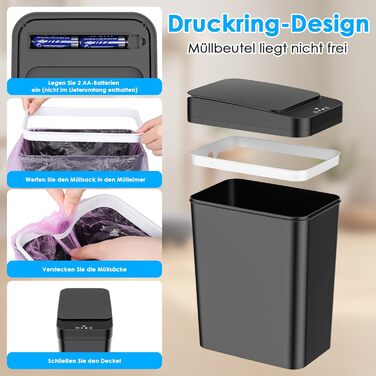 Набір з 2 автоматичних сміттєвих баків з датчиком, 12л, сенсорний кришка, 3 режими роботи, тихий, водонепроникний, інтелектуальний контейнер для сміття, для кухні, офісу, вітальні, ванної кімнати (2 шт. чорний)