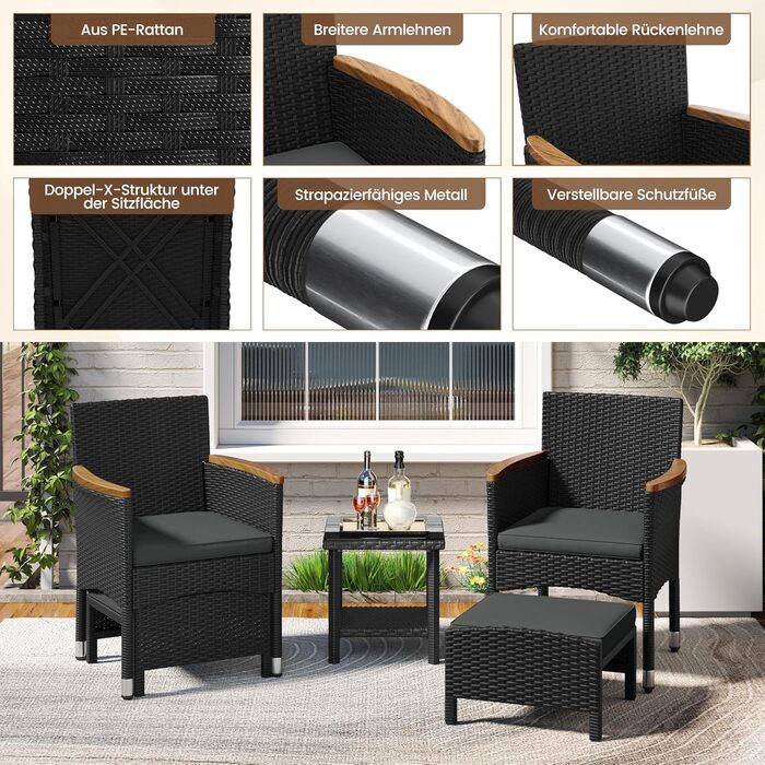 Садовий набір меблів Yaheetech 5 предметів: 2 крісла, 2 пуфи, столик для балкона та тераси (чорний та сірий)